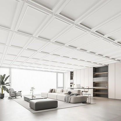 WOWSTAR 12-Pack 2x4ft Drop Ceiling Tiles, Waterproof Glue up Ceiling Panels, Modern Style 3D Wall Panels, White | PVC ceiling panels, 2x4 ft, waterproof, glue-up install, basement kitchen bathroom, 12-pack