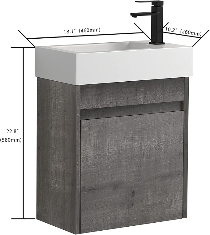 18" Floating Wall-Mount Bathroom Vanity with Ceramic Sink - Space-Saving Design, Soft-Close Doors & Waterproof Storage Cabinet for Small Bathrooms