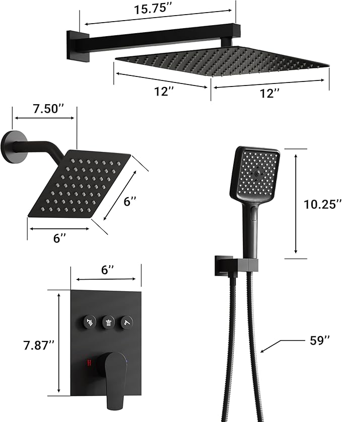 MONDAWE 12 Inch Wall Mounted Matte Black Shower System, 3-Function Shower Faucet Set with Rainfall Dual Shower Head and High Pressure 4-Setting Handheld, All Functions Can be Used At the Same Time