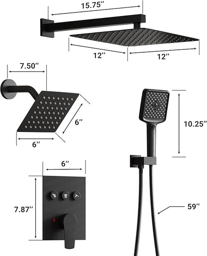 MONDAWE 12 Inch Wall Mounted Matte Black Shower System, 3-Function Shower Faucet Set with Rainfall Dual Shower Head and High Pressure 4-Setting Handheld, All Functions Can be Used At the Same Time