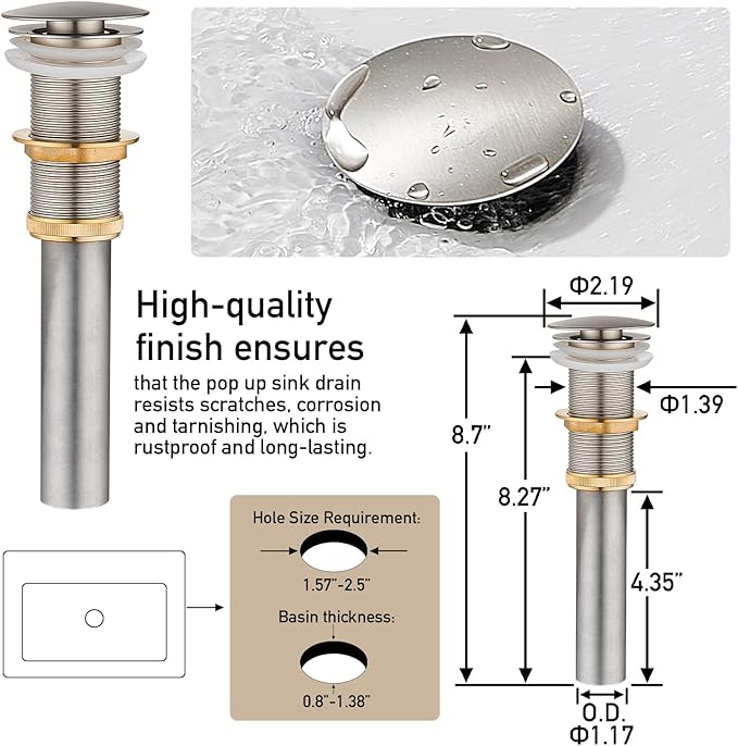 Vessel Sink Faucet, Brushed Nickel 1 Hole Single Handle Tall Bathroom Vanity Faucets, Modern Utility Rv Laundry Bath Restroom Mixer Tap with Metal Pop Up Drain and 2 Water Supply Lines