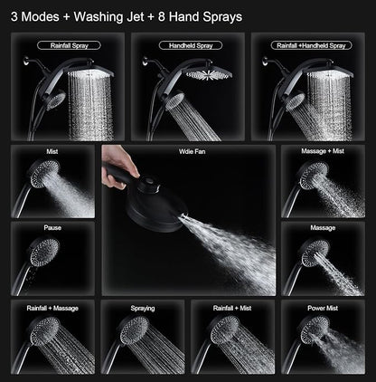 12" High Pressue Rain Shower Head with Handheld, 9 Sprays Hand Showerhead | Shower Heads with Handheld Spray Combo, Dual Head, Built-in Magnetic Docking, Power Jets, 59" Shower Hose, Black 1.8GPM