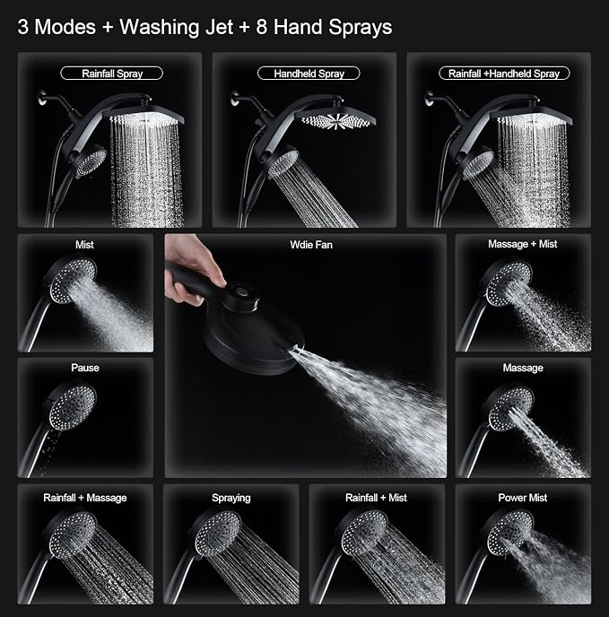 12" High Pressue Rain Shower Head with Handheld, 9 Sprays Hand Showerhead | Shower Heads with Handheld Spray Combo, Dual Head, Built-in Magnetic Docking, Power Jets, 59" Shower Hose, Black 1.75GPM