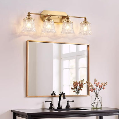 Vintage 4-Light Gold Bathroom Vanity Light, Crystal Glass Shade | Antique Style, Brushed Gold Finish, Rust-resistant Metal, E26 Base, Over Mirror Wall Lighting for Bathroom Restroom