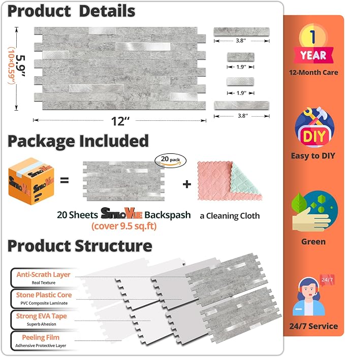 StyloVue 20 Sheets Peel and Stick Backsplash for Kitchen, Slate Gray with Metal Silver Look Stick on Tile Upgrade Your Kitchen Backsplash, RV, Fireplace
