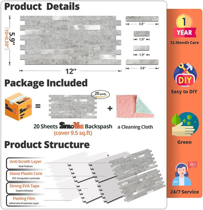 StyloVue 20 Sheets Peel and Stick Backsplash for Kitchen, Slate Gray with Metal Silver Look Stick on Tile Upgrade Your Kitchen Backsplash, RV, Fireplace