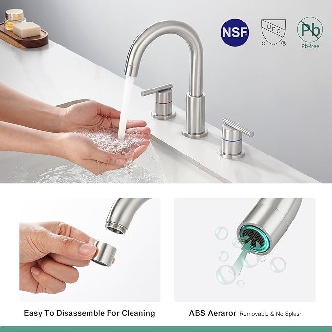 Faustina 3 Hole Bathroom Faucet, Brushed Bathroom Faucets for Sink 3 Hole/Double-Handle/8-Inch Widespread Bathroom Faucet, Stainless Steel Bathroom Vanity Faucet(Pop Up Drain/Supply Line), Brushed