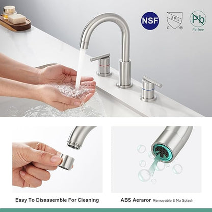 Faustina 3 Hole Bathroom Faucet, Brushed Bathroom Faucets for Sink 3 Hole/Double-Handle/8-Inch Widespread Bathroom Faucet, Stainless Steel Bathroom Vanity Faucet(Pop Up Drain/Supply Line), Brushed