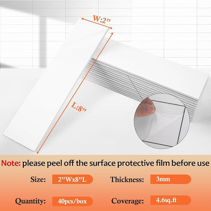80-Piece Pure White Thick PVC Peel and Stick Backsplash, 2" x 8" Waterproof Subway Tile Peel and Stick Wall Tiles for Kitchen and Bathroom