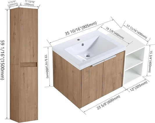 SSLine 36-Inch Single Bathroom Vanity Modern Wall Mounted Bathroom Vanity with Sink 36" Small Floating Bathroom Vanities Set with White Open Storage Shelf & 2 Side Cabinets,Brown White
