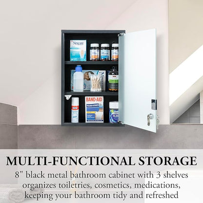 MyGift Black Bathroom Medicine Cabinet, Wall Mounted Metal Storage Cabinet with 3 Shelves, Locking Glass Door Keys
