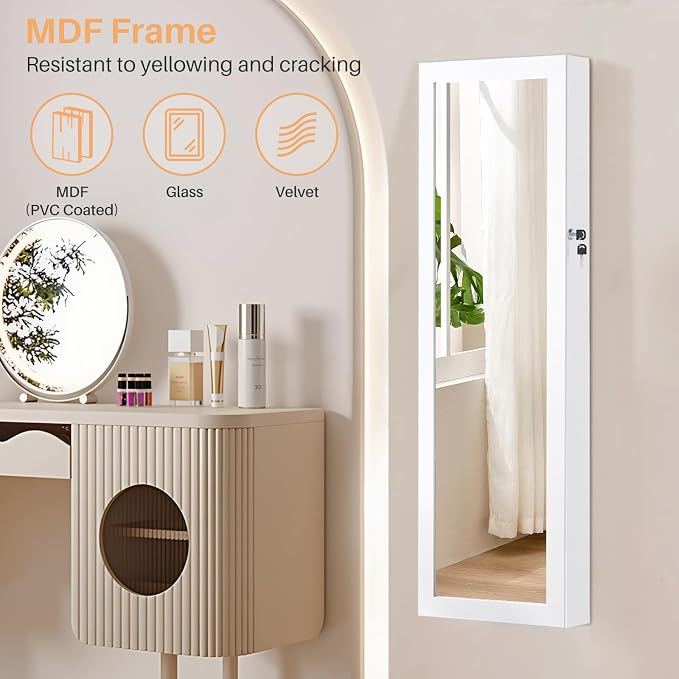 Jewelry Organizer Cabinet, Wall or Door Mounted 47.2-Inch Lockable Jewelry Armoire with Full-Length Mirror, 6 LEDs Large Capacity Jewelry Storage, White