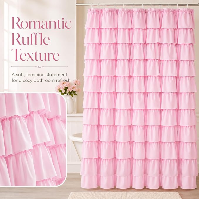 Pink Ruffle Shower Curtain for Master Bathroom, 72 x 84, Ruffled Layered | Romantic Feminine Aesthetic, Extra-long 72x84, 12 Hooks Included, Machine Washable, Cascading Ruffle Tiers, Soft Microfiber