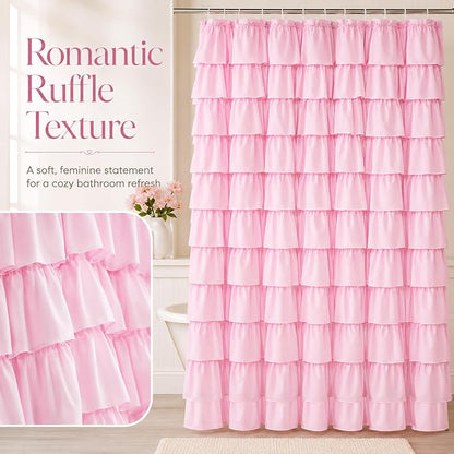 Pink Ruffle Shower Curtain for Master Bathroom, 72 x 84, Ruffled Layered | Romantic Feminine Aesthetic, Extra-long 72x84, 12 Hooks Included, Machine Washable, Cascading Ruffle Tiers, Soft Microfiber