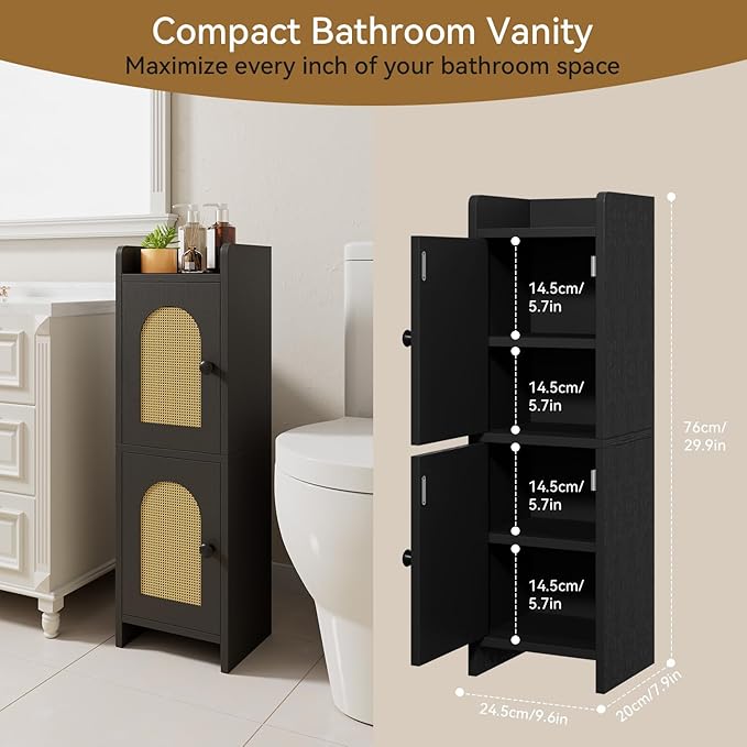 IBUYKE Small Bathroom Storage Cabinet with Rattan Door, Narrow Toilet Paper Storage Holder,Floor Cabinet with Adjustable Shelves, Space-Saving Organizer for Toiletries UWBS001B