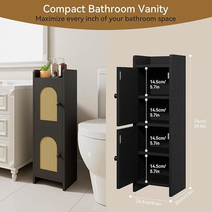 IBUYKE Small Bathroom Storage Cabinet with Rattan Door, Narrow Toilet Paper Storage Holder,Floor Cabinet with Adjustable Shelves, Space-Saving Organizer for Toiletries UWBS001B