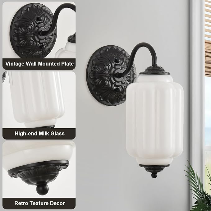 Milk Glass Sconce Vintage Vanity Sconces Black, Bulb Included | Milk Glass Art Deco Antique Wall Sconce Wall Light for Bedroom Bathroom Living Room Entryway, Antique Black and White 1 Pack