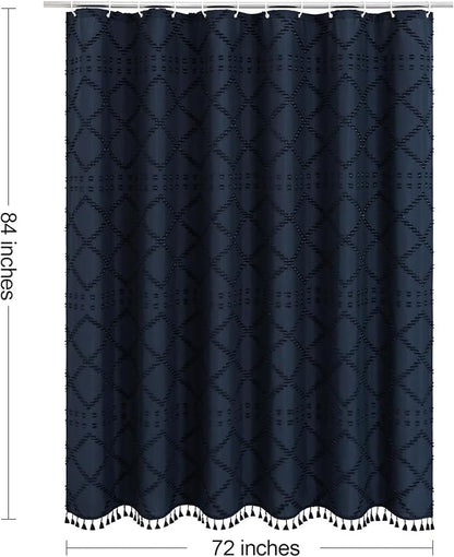 Extra Long Navy Blue Boho Woven Fabric Shower Curtain with Tassel 72 x 84, Bohemia Tufted Chevron Striped Chic Textured, Blue Waterproof Curtain for Bathroom, Modern Farmhouse Minimalist | Modern Farmhouse Curtain for Bathroom, Extra Long Bathroom Curt...