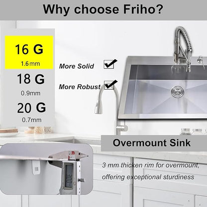 Friho 28 Inch Drop in Kitchen Sink, 28x18 Topmount Commercial Handmade 16 Gauge Single Bowl Stainless Steel Sink with Basket Strainer