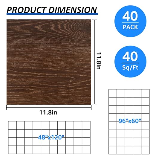 40 Sheet Vinyl Flooring 12 x 12 Peel and Stick Floor Tile Waterproof Dark Wood Vinyl Floor Tiles Clearance Self Adhesive Floor Tiles Sticky Laminate Flooring Stick on Bathroom Kitchen Basement