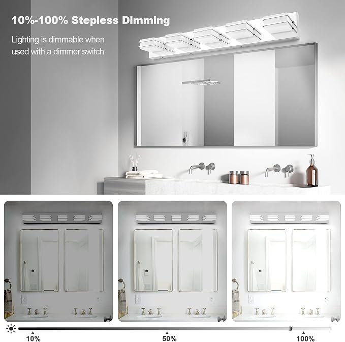 GOODATE 3 Color Temperature Dimmable Vanity Lighting Fixtures, LED Chrome 5 Light Bathroom Vanity Light, Acrylic Stainless Steel Square Shade Vanity Lights for Bathroom, ETL Certificated