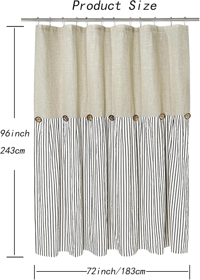 DOSLY IDÉES Farmhouse Shower Curtain,Beige and Black Stripe,Button Curtain,Linen and Cotton Woven Fabric,Rustic Charm Country Chic Style,72x96 in