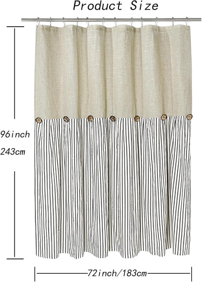 DOSLY IDÉES Farmhouse Shower Curtain,Beige and Black Stripe,Button Curtain,Linen and Cotton Woven Fabric,Rustic Charm Country Chic Style,72x96 in