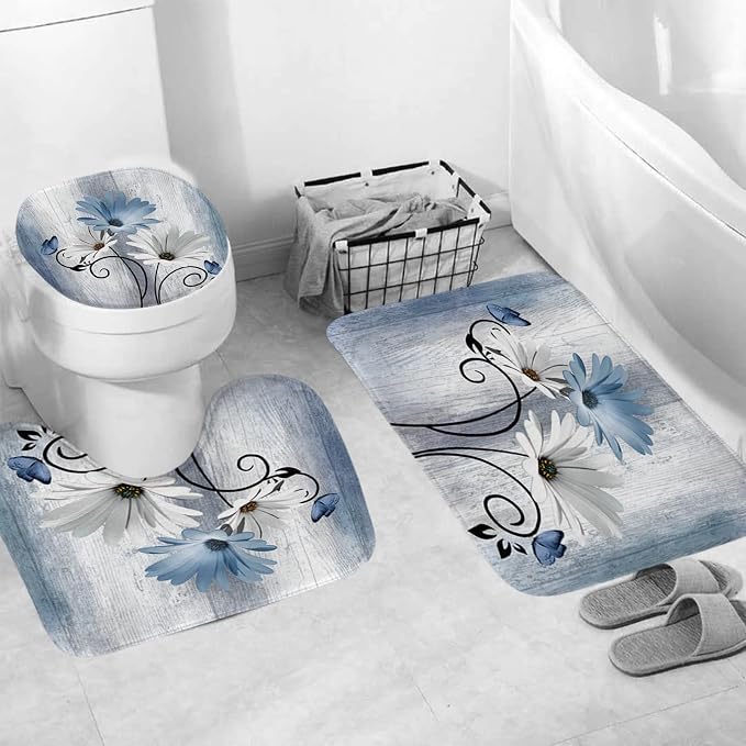 Onalasyc 4PCS Blue Daisy Floral Bathroom Sets with Shower Curtain and Rugs | Country Floral Butterfly Shower Curtain Set,Modern Bathroom Decor Shower Curtains Set with Rugs Toilet Lid Cover and 12 Hooks