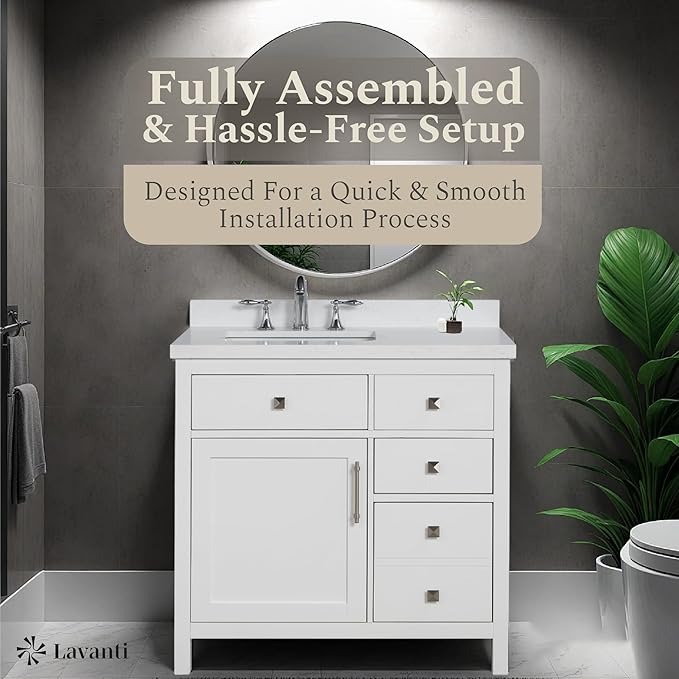 Lavanti Oakford 36 Inch Bathroom Vanity with Sink – Stylish White Vanity Bathroom with Storage Cabinet – Modern Bathroom Vanities with Single Vanity Sink & Quartz Countertop