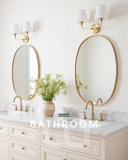 2-Light Brushed Gold Bathroom Vanity Light, Pleated Fabric Shade | 17" 2-light gold double wall sconce with white pleated fabric shades, E26 bulbs, hardwired, upward only, VL837-BG-Z-2
