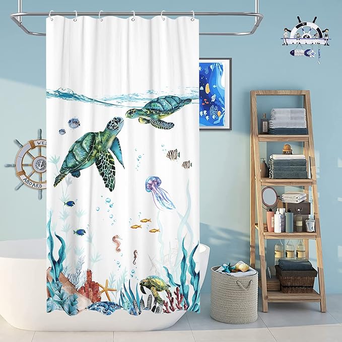 Fowocu Sea Turtle Stall Shower Curtain Teal Blue Ocean Waterproof Fabric Shower Curtains for Bathroom with Funny Animal Octopus Starfish Anchor Fish Nautical Bath Curtain Decor (Teal, 36''×72'')