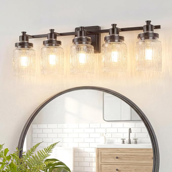 5 Light Bathroom Light Fixtures Farmhouse Black Vanity Lights | ETL Certificate, Easy to Install,Wall Mount Up or Down,Hammered Glass Lampshade,E26 Socket,Hardwired,120V