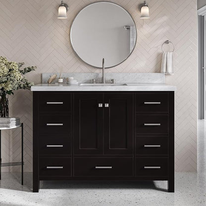 Beckford 48-Inch Bathroom Vanity with Sink — Espresso Single Sink Bathroom Vanity, 1.5" Edge Italian Carrara Marble Top, Solid Wood, 2 Soft-Close Doors, 9 Dovetail Drawers
