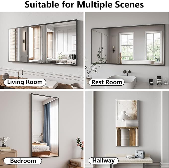 Koonmi Bathroom Mirror for Wall, 24"x48" Black Bathroom Mirror for Over Sink, Shatterproof Tempered Glass Vanity Mirror with Anti-Rust Aluminum Alloy Frame, Hang Horizontally or Vertically