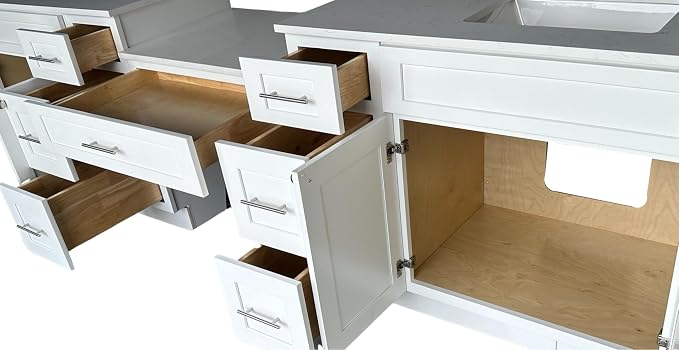 DSR 102'' Double Bathroom Vanity Cabinet with Carrara Quartz Top White Shaker Style Dovetail Drawers Vanity Desk Solid Wood Plywood MDF (102'' with Seven Drawers)