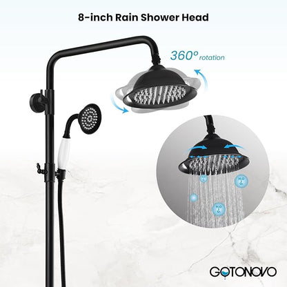 gotonovo Exposed Shower System with Spout,Matte Black,Shower Shelf | Brass Shower Faucet Set,8’’ Rain Head with Handheld Spray,Swivel Tub Spout,2 Cross Handle,6’’ Hole Distance,Adjustable Height