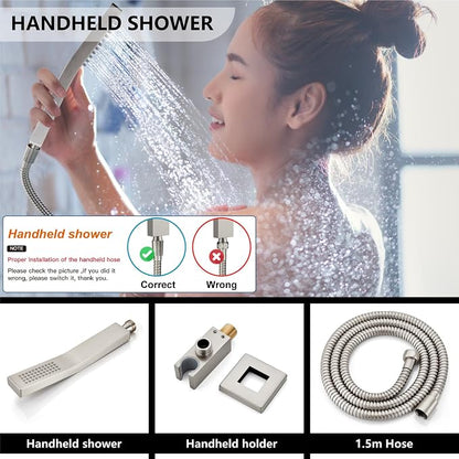 Midanya Shower System with Tub Spout,8 Inch Shower Head,Brushed Nickel | with Valve & Trim Kit,Square Rain Head,Handheld Sprayer,Waterfall Spout,All Metal Wall Mount Bathroom Shower Tub Faucet Set