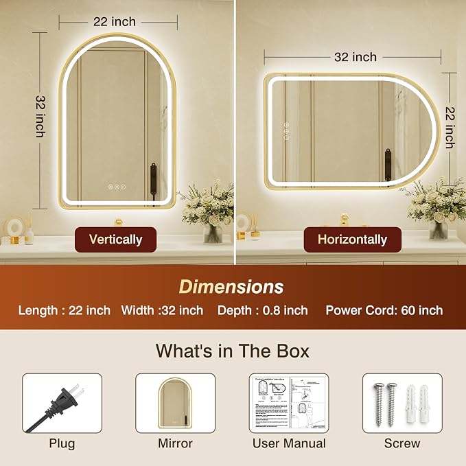 22x32 Inch Arched Gold Framed LED Bathroom Mirror with Lights, Built-in Bluetooth Speaker,Tempered Glass,Dimmable Lighted Bathroom Vanity Mirror with 3 Colors, Backlit + Frontlit, Memory, Anti-Fog