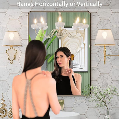 LOAAO 22”X30” Bronze Bathroom Mirrors for Vanity, Rounded Rectangle Brushed Bronze Metal Frame Mirror, Anti-Rust, Hangs Horizontally or Vertically | Rounded Rectangle, Brushed Bronze Metal Frame, Anti-Rust, Hangs Horizontally or Vertically