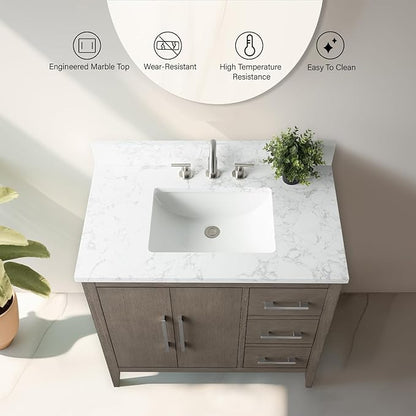 Vanity Art 36 inch Bathroom Vanity with Single Sink & Ceramic Top, Vanity Cabinet with Soft-Closing Doors, Drawers, Solid Wood Frame, Driftwood Gray, VA9036-DG-GB1