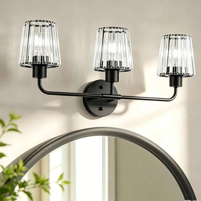 Black Vanity Lights, 3-Light Crystal Bathroom Light Fixtures | Modern Bathroom Vanity Light E26 Wall Light over Mirror (Exclude Bulb)