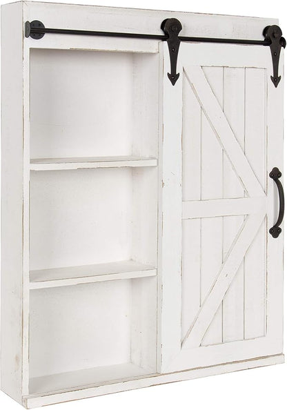 Kate and Laurel Cates Decorative Wood Wall Storage Cabinet with Rectangle Mirror and Sliding Barn Door, 22 x 28, Rustic White, Farmhouse Decor for Wall Storage