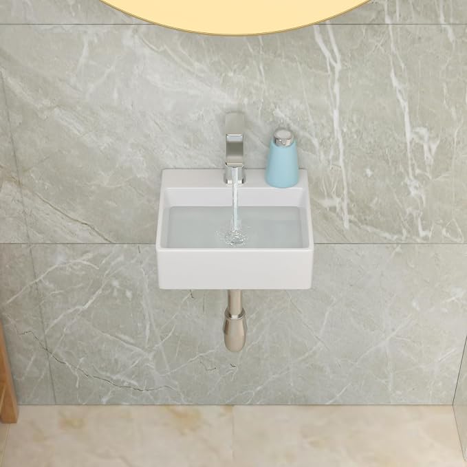 Lordear 13.6"x11.6" Floating Wall Mounted Bathroom Sink White Ceramic Glossy White Small Tiny Room Cloakroom Sinks, 13.6X11.6x4.85 Inch