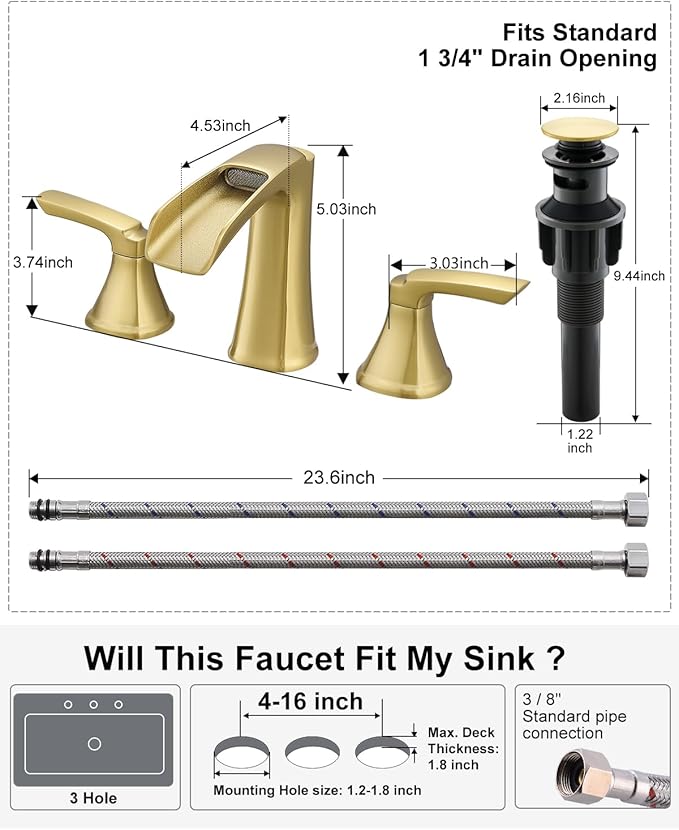 Fapully Bathroom Faucet 3 Hole, Polished Brushed Gold Waterfall 8 Inch Widespread Bathroom Sink Faucet with Pop-up Drain, Two-Handle Faucet for Bathroom Sink