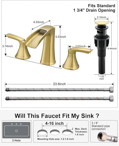 Fapully Bathroom Faucet 3 Hole, Polished Brushed Gold Waterfall 8 Inch Widespread Bathroom Sink Faucet with Pop-up Drain, Two-Handle Faucet for Bathroom Sink