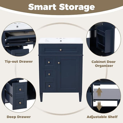 Merax 24 Inch Bathroom Vanity with Ceramic Sink, Solid Wood Frame Modern Bathroom Sink Storage Cabinet with 2 Drawers and a Tip-Out Drawer, Single Sink Bathroom Vanities, Navy Blue