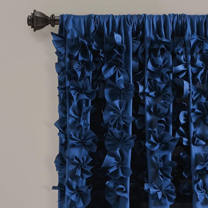 Lush Decor Riley Light Filtering Window Curtain Panel, Single 54" W x 95" L, Navy - Cute Blue Curtains for Bedroom - Bow Decor - Coquette Curtains for Windows