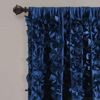 Lush Decor Riley Light Filtering Window Curtain Panel, Single 54" W x 95" L, Navy - Cute Blue Curtains for Bedroom - Bow Decor - Coquette Curtains for Windows