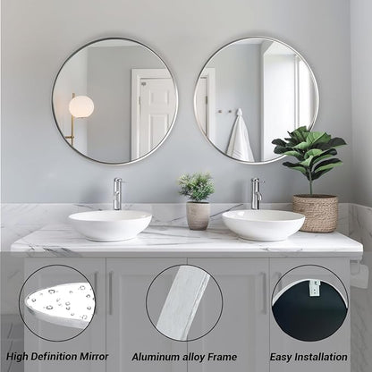 Silver Bathroom Mirror 30 inch, 2 Pack Wall Mirror with Metal Frame | High Definition Mirror, Easy Installation, Circular Mirrors for Living room Cloakroom, Hallway, Bathroom