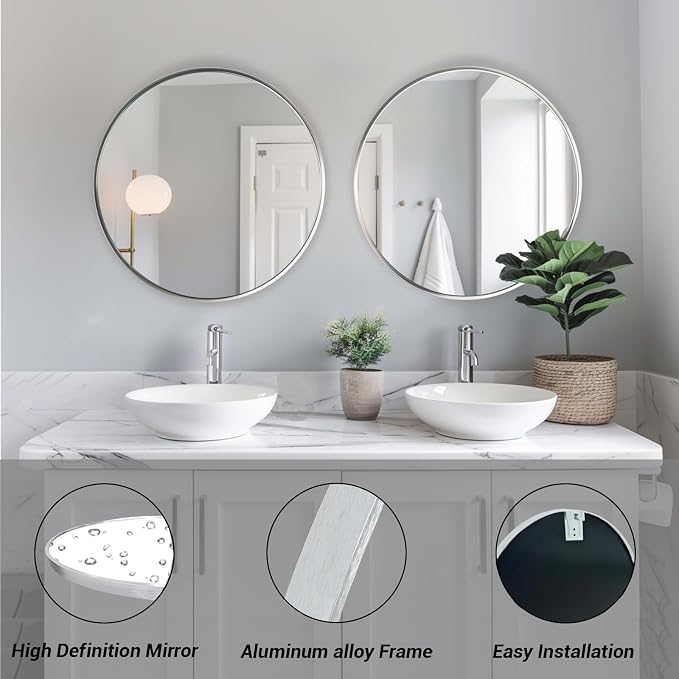 Silver Round Mirror 40 inch, Circle Mirror with Brushed Metal Frame | Brushed Nickel Metal Frame, High Definition, Rust-resistant, Easy installation, Restroom, Cloakroom, Guest Room, Hallway